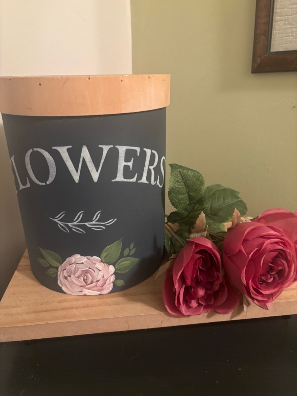 Rustic Hand-Painted Floral "Flowers" Storage Tin with Wood Lid